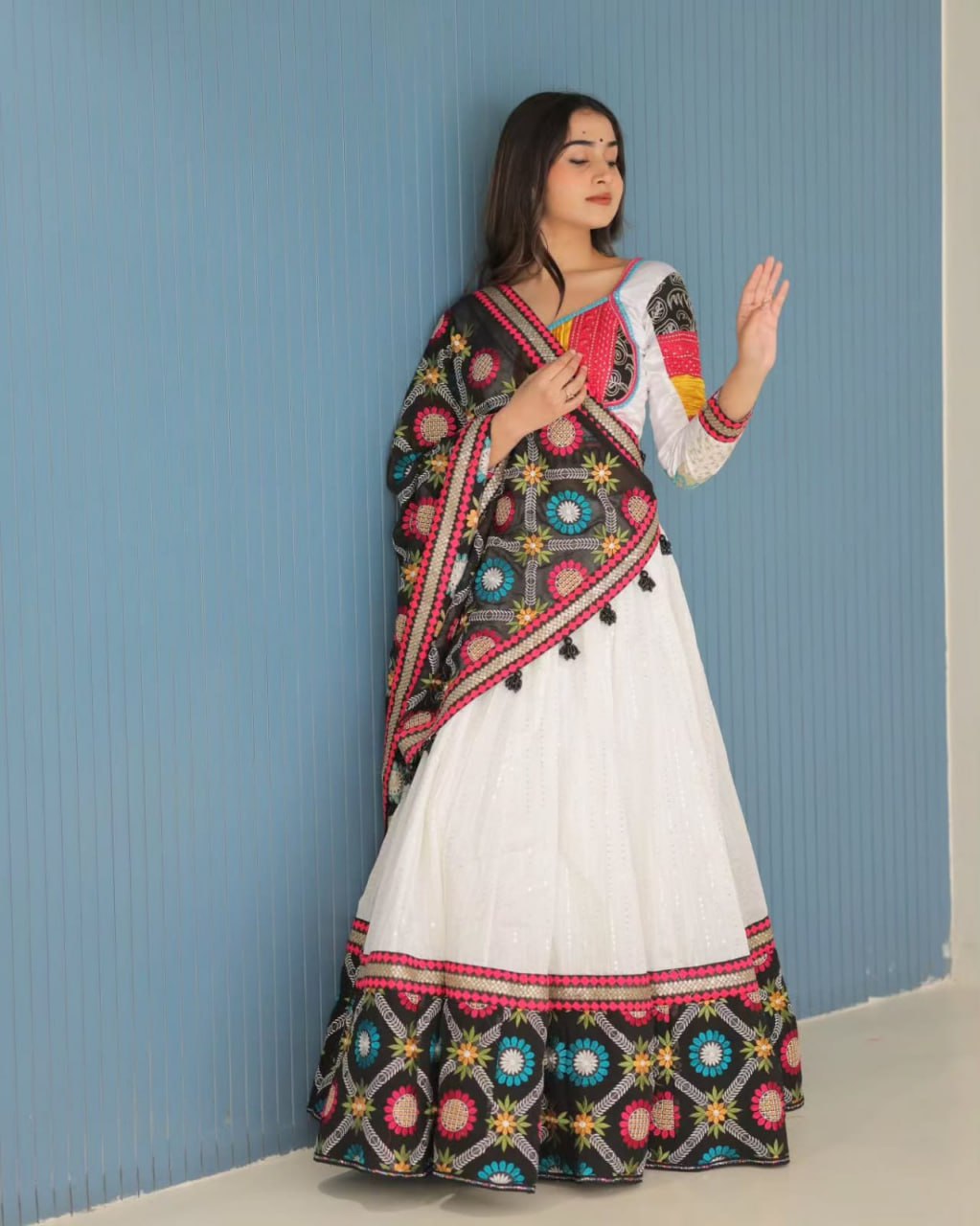 Folk Swirl Couture Heavy Flare White Navratri Lehenga