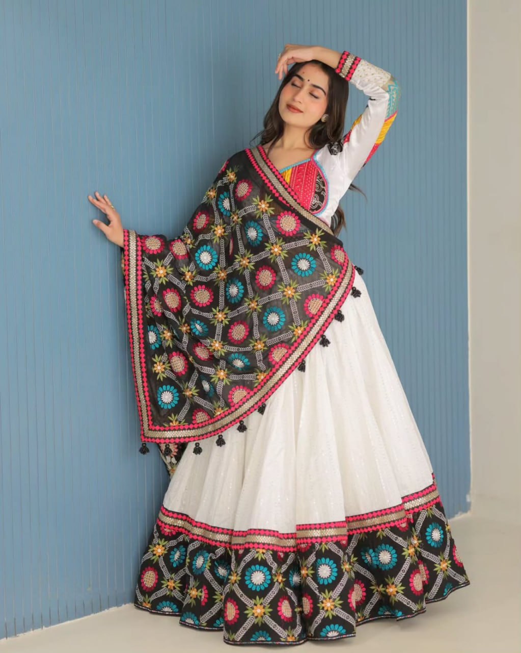 Folk Swirl Couture Heavy Flare White Navratri Lehenga