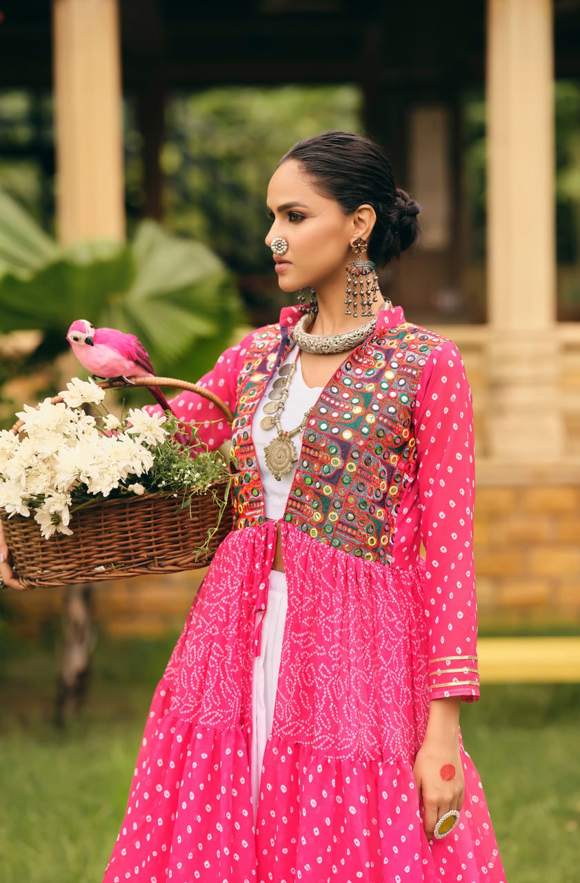 Folk Flares Ethnic Bandhani Shrug-Style Long Jacket