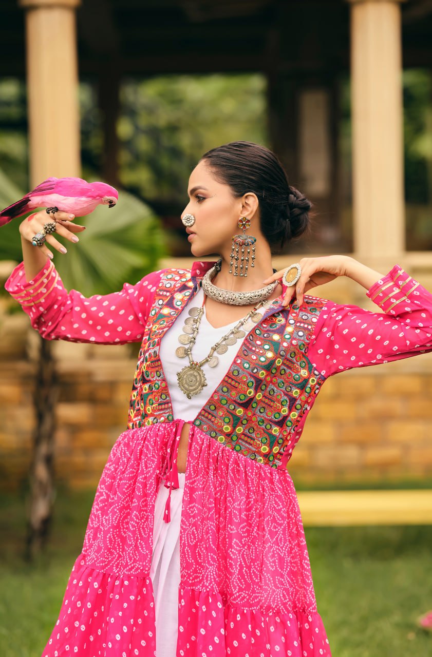 Folk Flares Ethnic Bandhani Shrug-Style Long Jacket