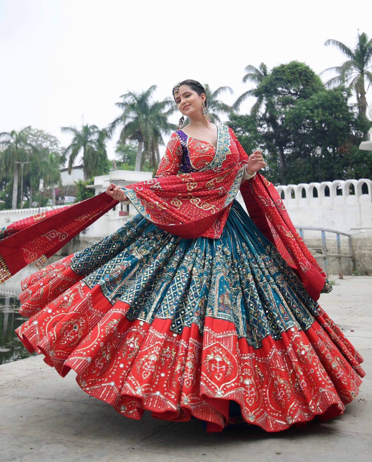 Dandiya Dreamwear Red Bandhani & Teal Mirror Lehenga Set