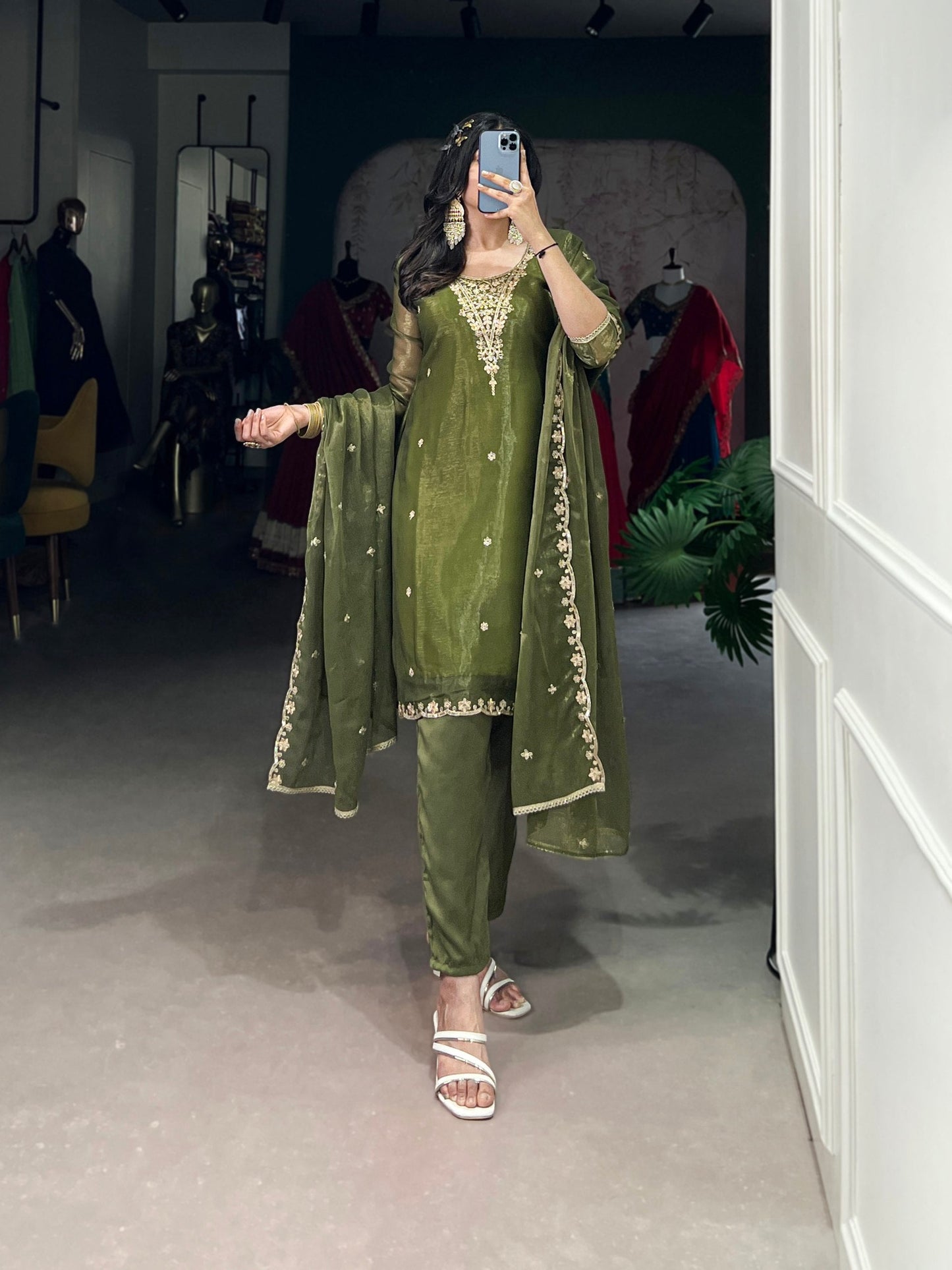 Royal Olive Sheer Charm Ethnic Wear Suit Set