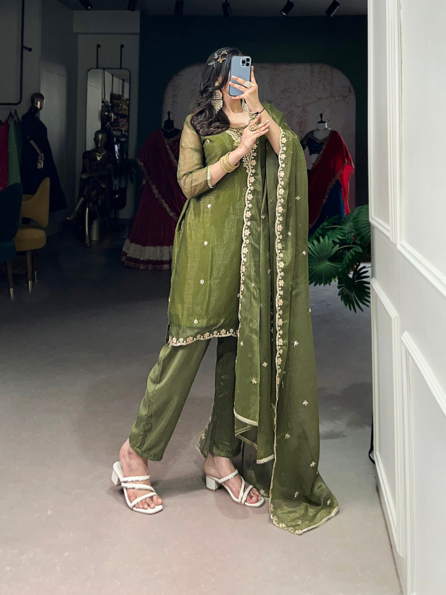 Royal Olive Sheer Charm Ethnic Wear Suit Set