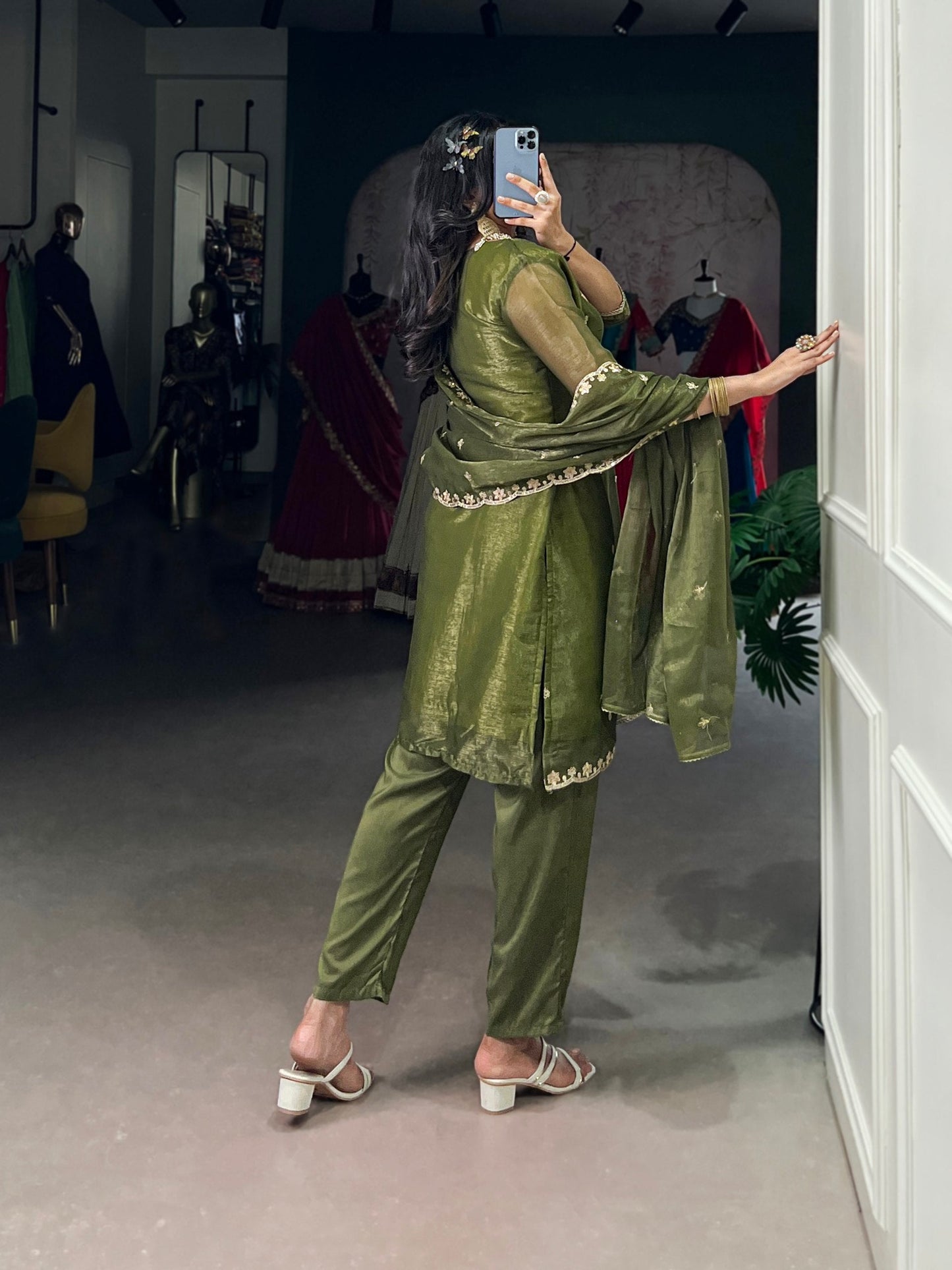 Royal Olive Sheer Charm Ethnic Wear Suit Set
