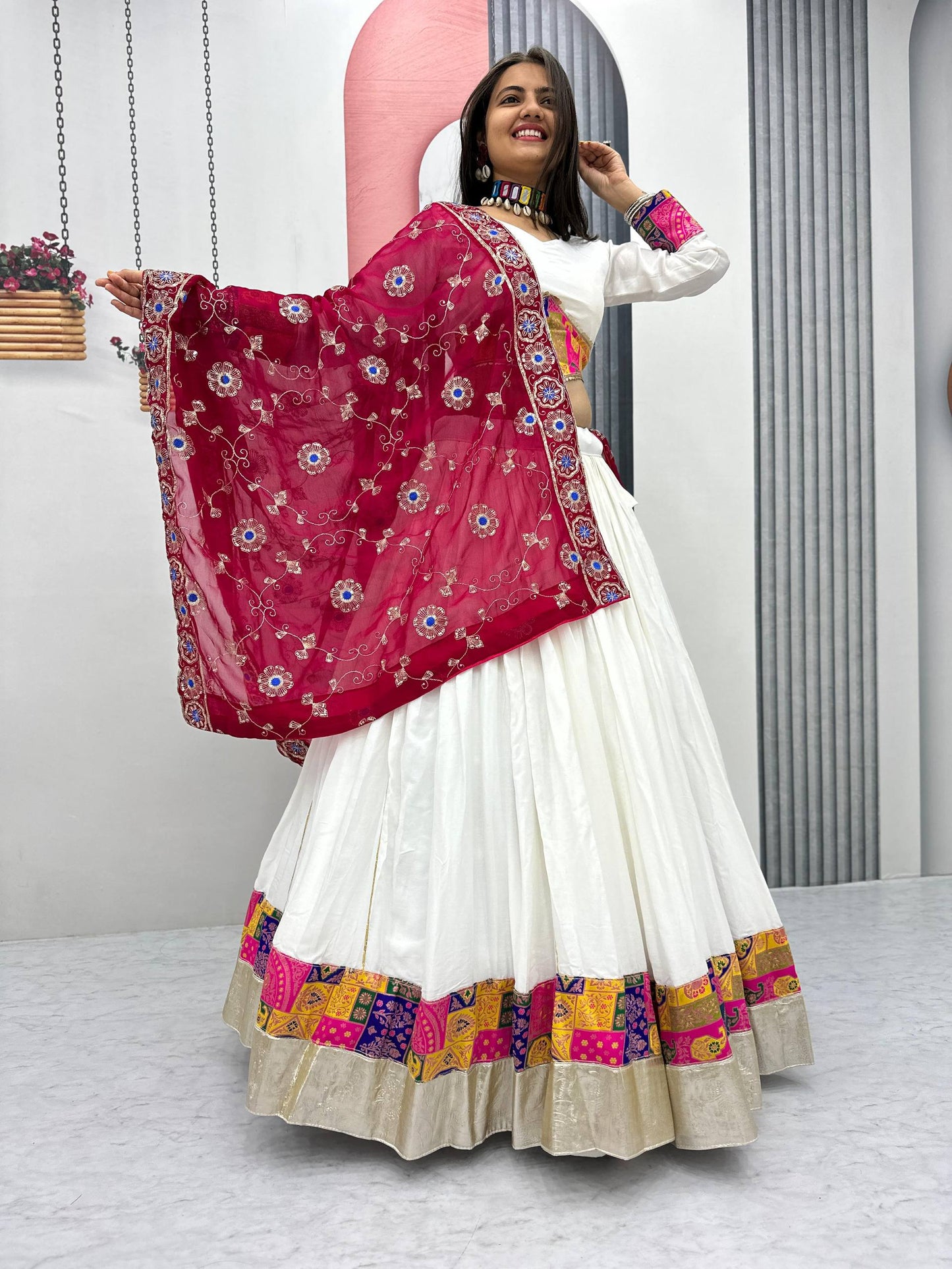 Navratri Glamour Elegant White Pure Cotton Lehenga Choli