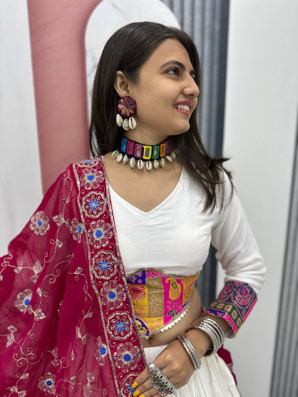 Navratri Glamour Elegant White Pure Cotton Lehenga Choli
