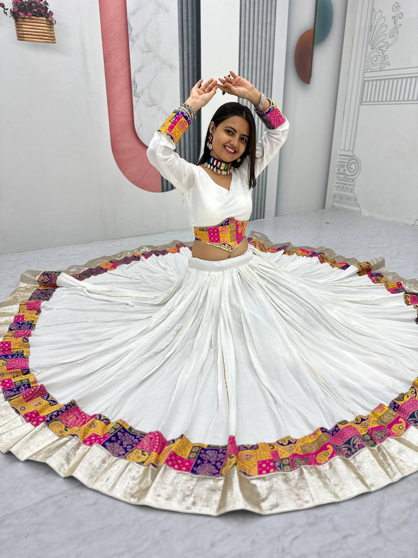 Navratri Glamour Elegant White Pure Cotton Lehenga Choli