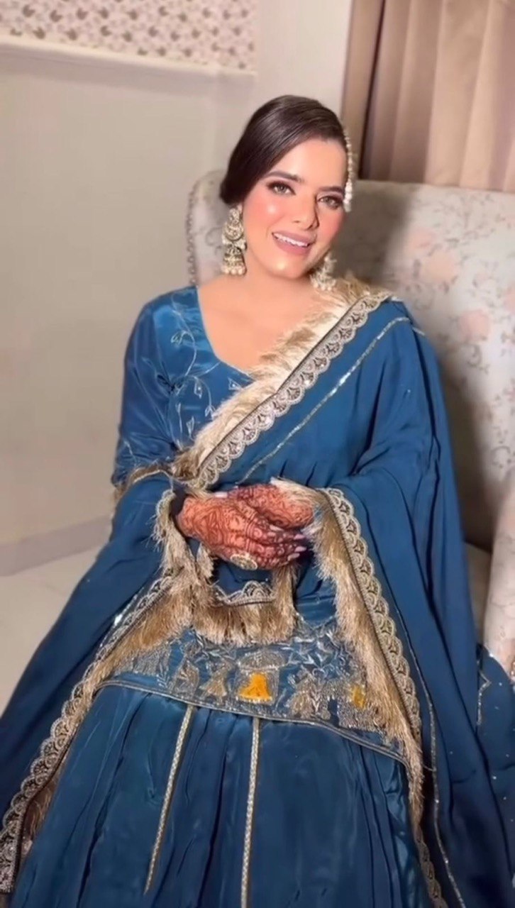 Zaaya Midnight Veil Lehenga with Antique Gold Embroidery & Fringed Dupatta
