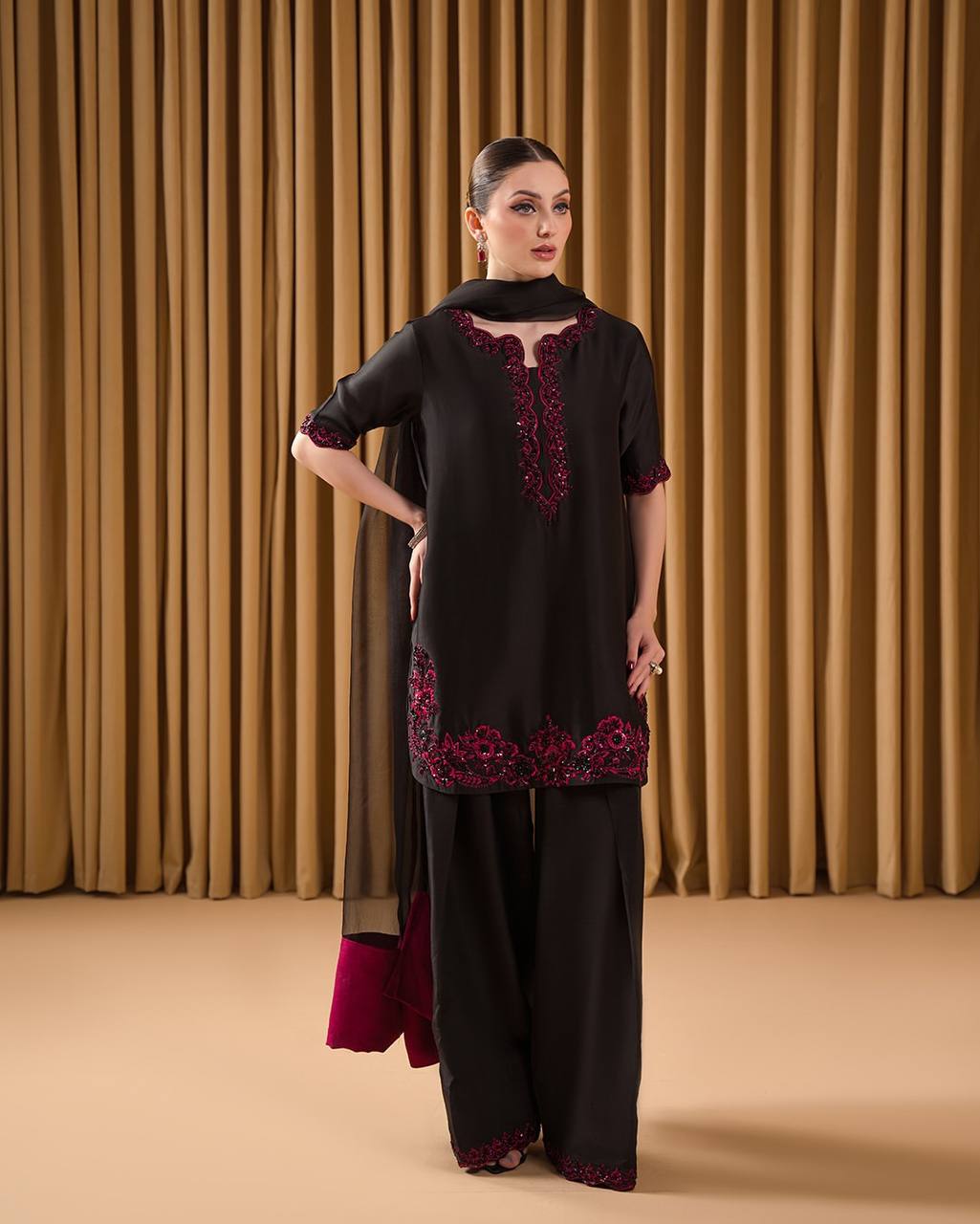 The Bold Beauty of Black and Magenta Tradition Farshi Set