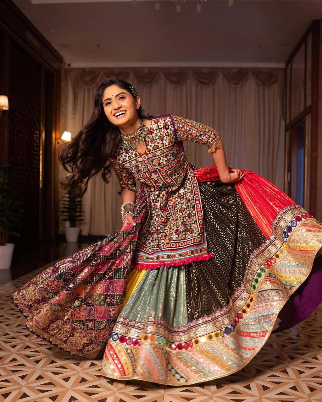 Graceful Spin in Vibrant Patchwork Elegance Navratri Lehanga Choli Set