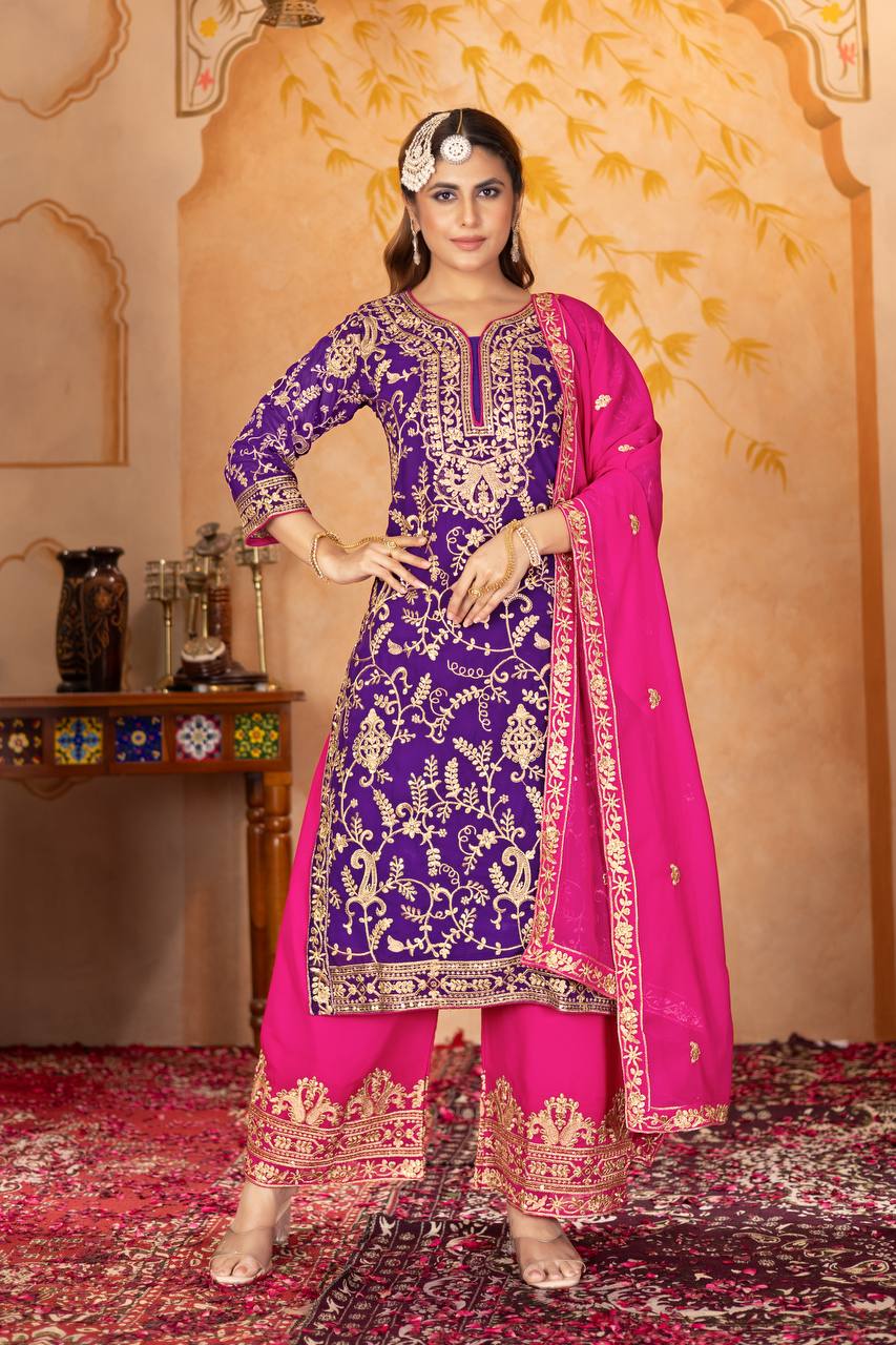 Punjabi Blossom New Designer Heavy Fuax Georgette Fancy Top With Plazzo Suit Set