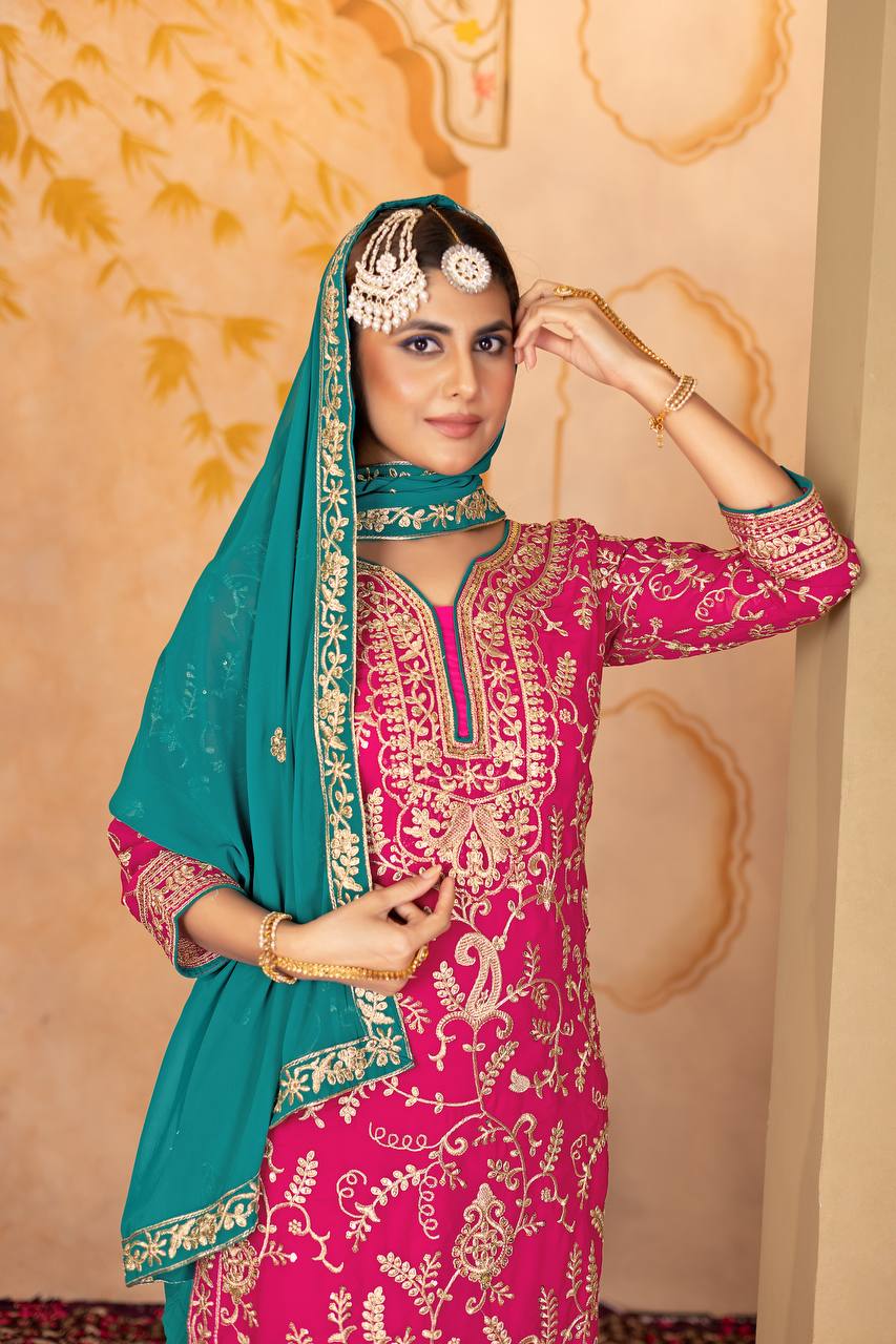 Punjabi Blossom New Designer Heavy Fuax Georgette Fancy Top With Plazzo Suit Set