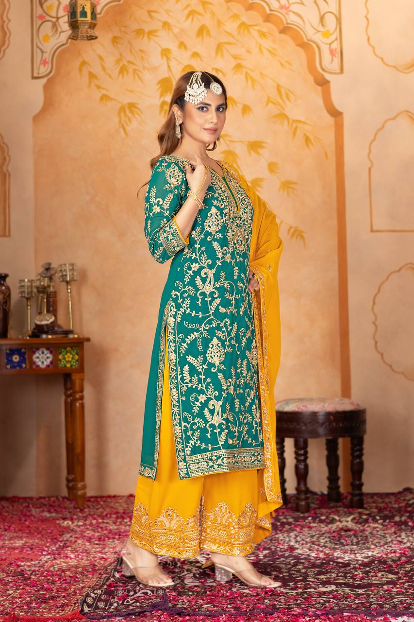 Punjabi Blossom New Designer Heavy Fuax Georgette Fancy Top With Plazzo Suit Set