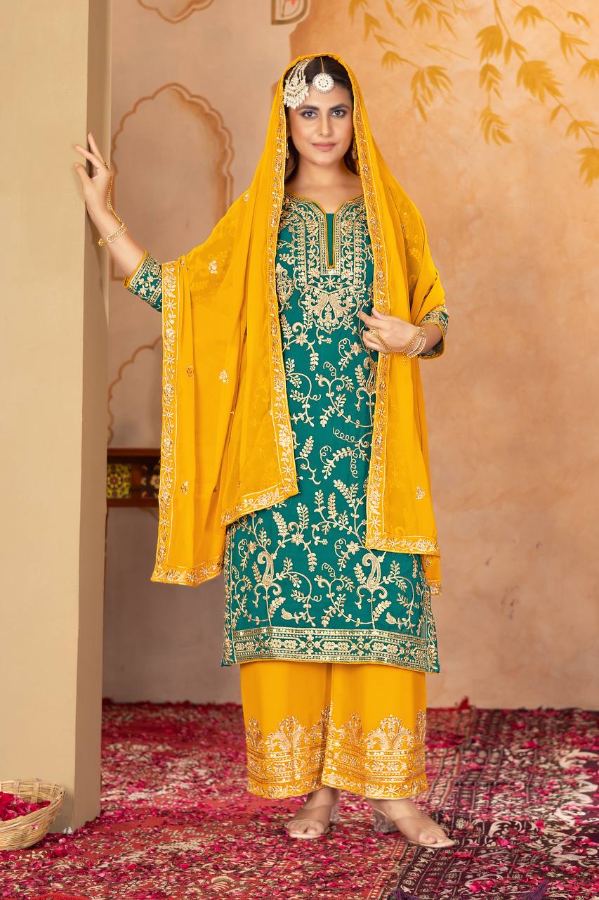 Punjabi Blossom New Designer Heavy Fuax Georgette Fancy Top With Plazzo Suit Set