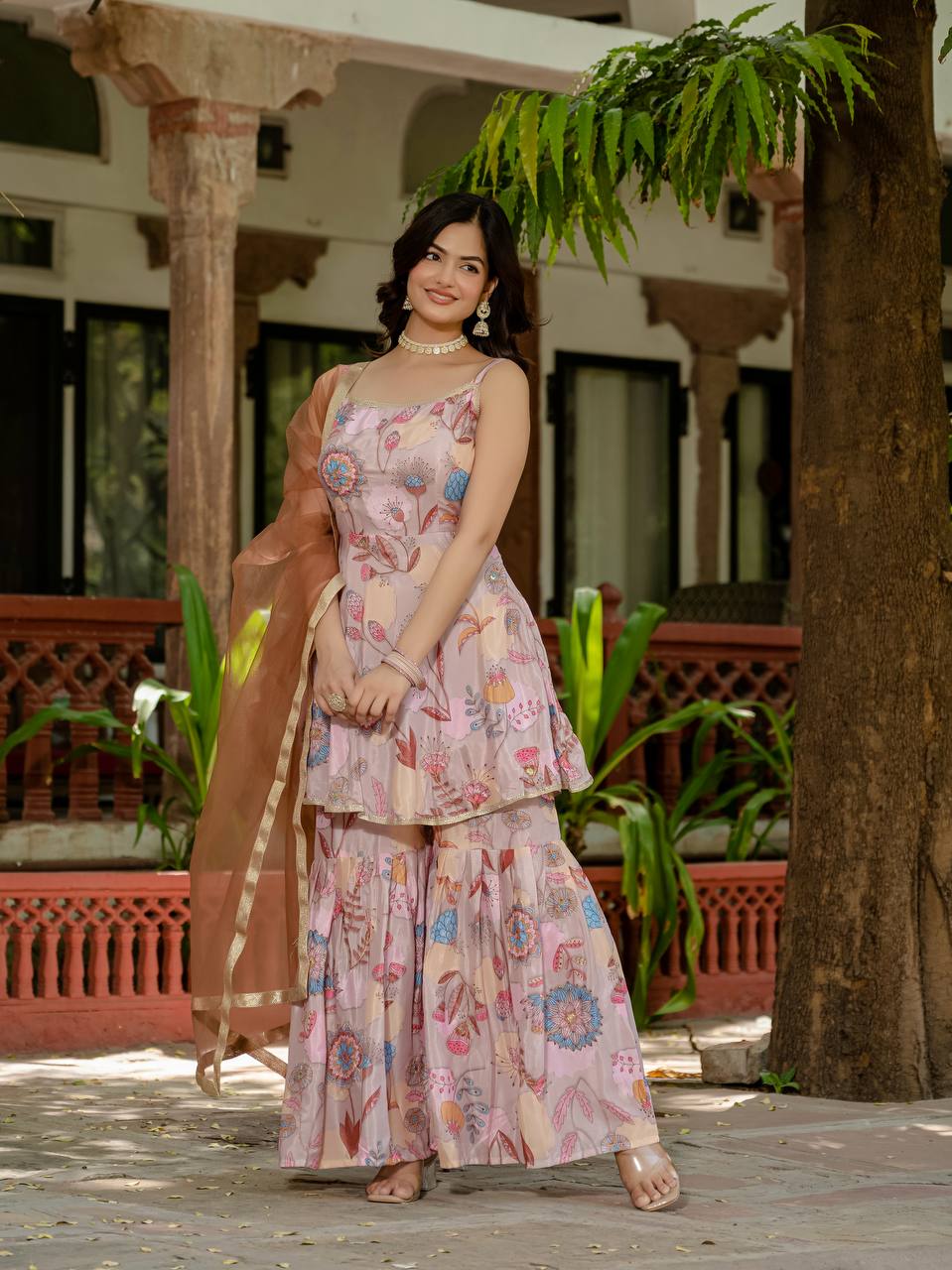 Blush Garden Bloom Sharara Set with Net Dupatta