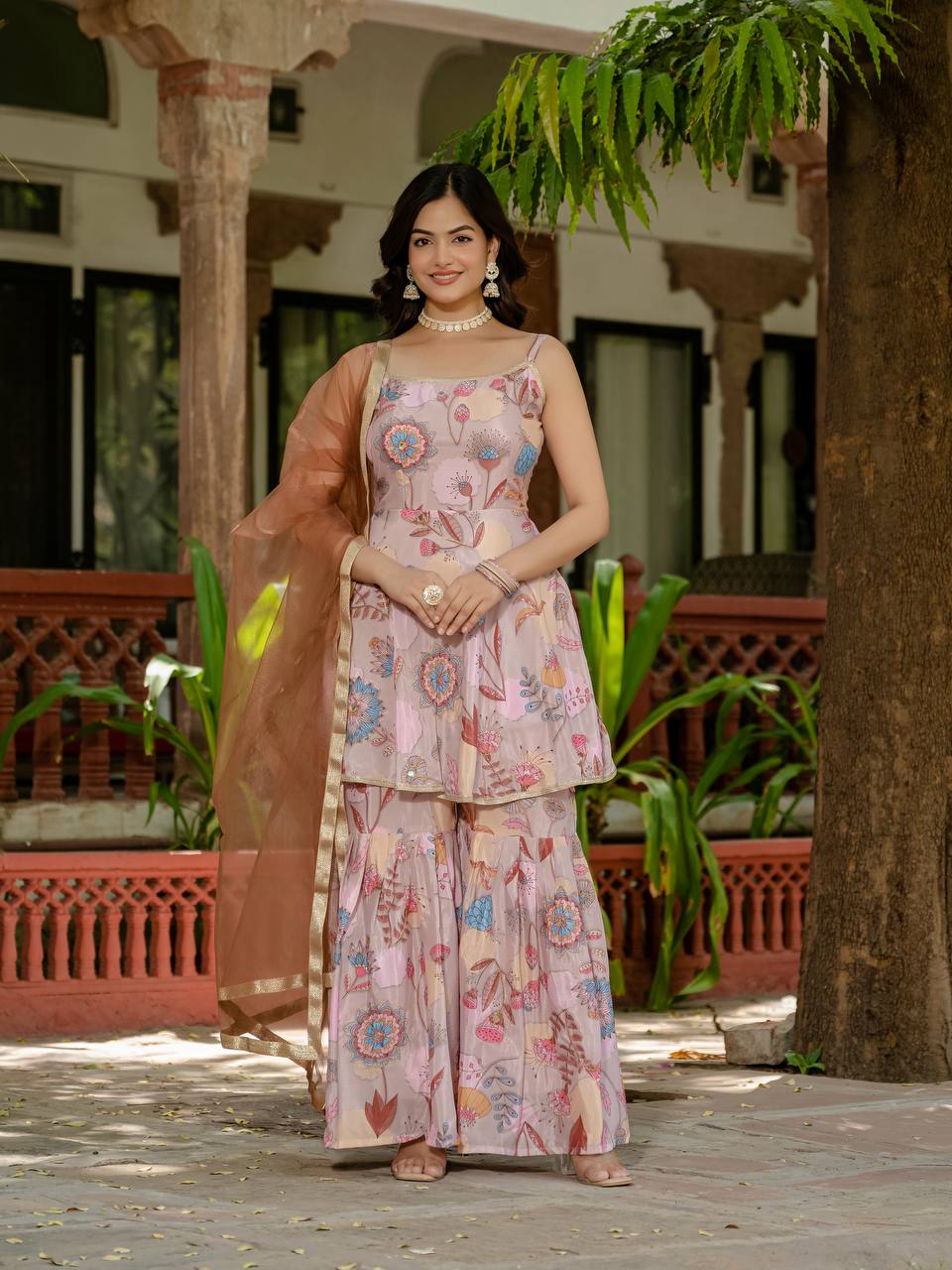 Blush Garden Bloom Sharara Set with Net Dupatta