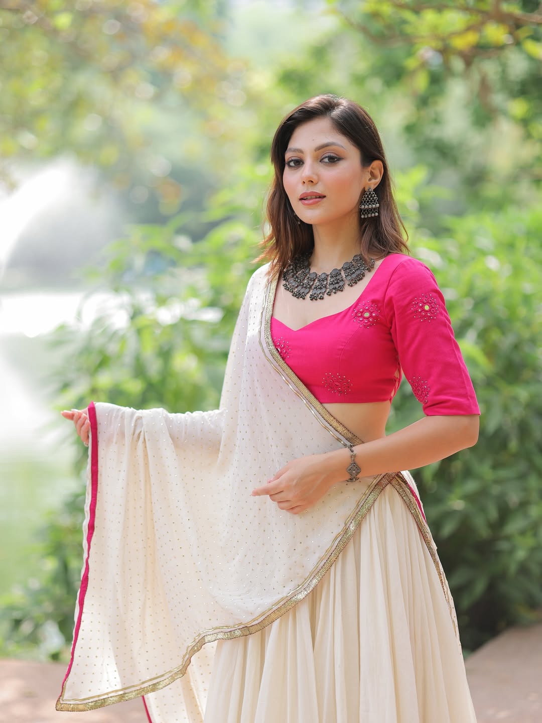 White Chiffon Cotton Mirror Work Lehenga Choli