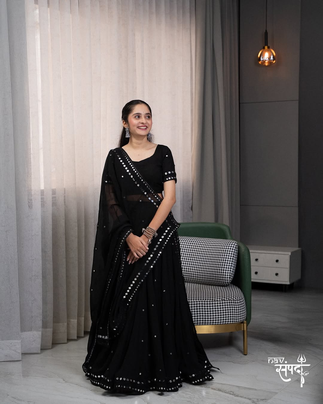 Black linear mirror embroidered lehenga set