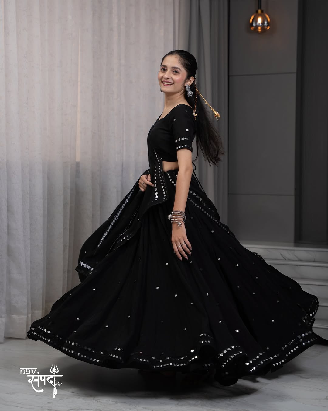 Black linear mirror embroidered lehenga set