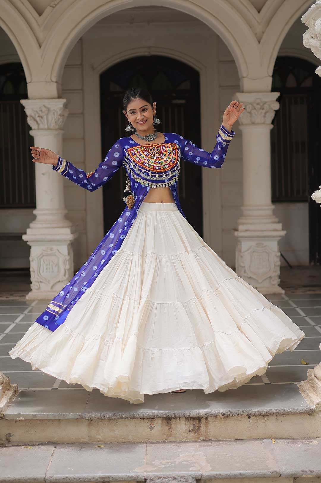 Cotton Handwork Mirror Bandhani Kurti With Lehenga for Navratri Celebrations