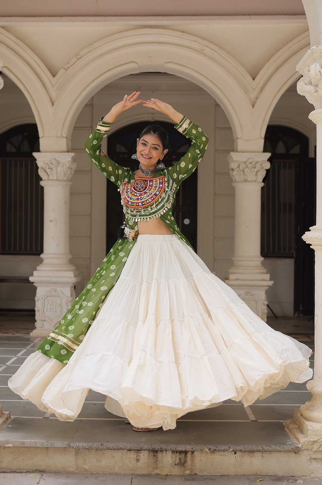 Cotton Handwork Mirror Bandhani Kurti With Lehenga for Navratri Celebrations