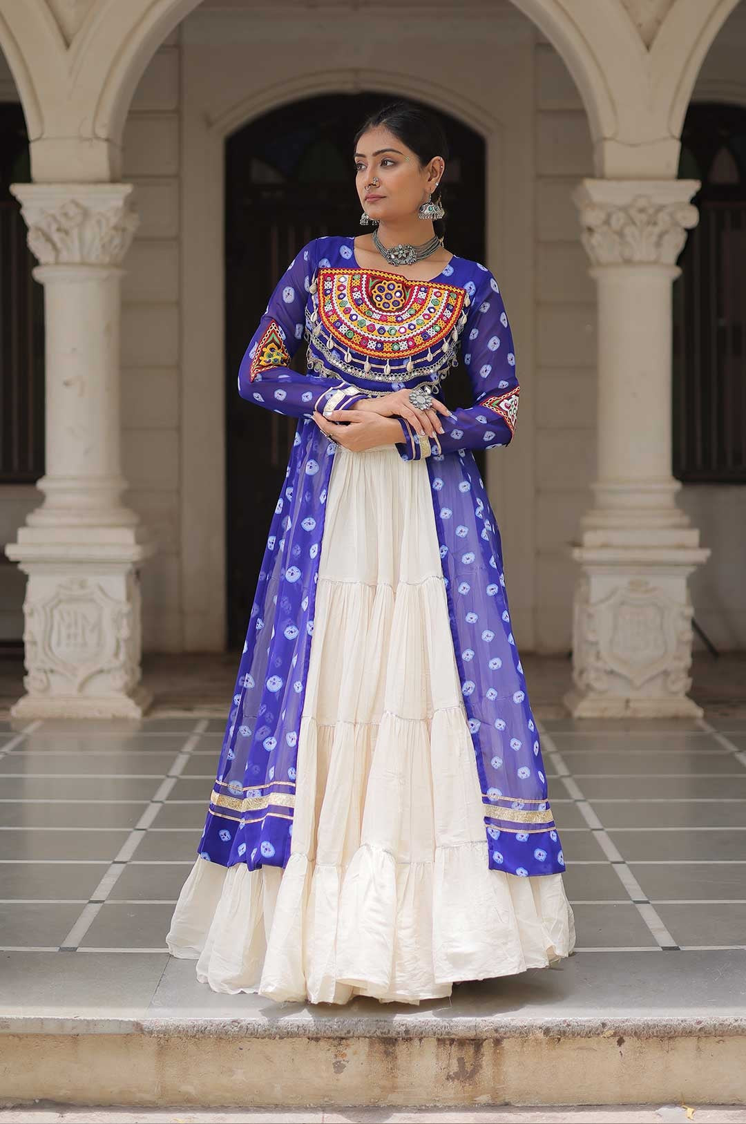 Cotton Handwork Mirror Bandhani Kurti With Lehenga for Navratri Celebrations