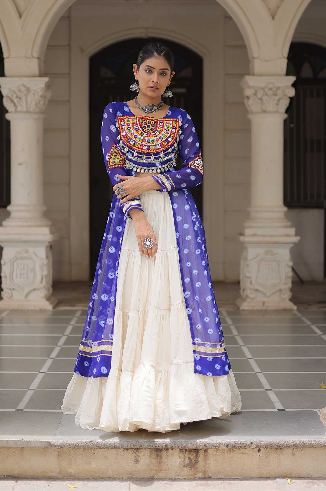 Cotton Handwork Mirror Bandhani Kurti With Lehenga for Navratri Celebrations