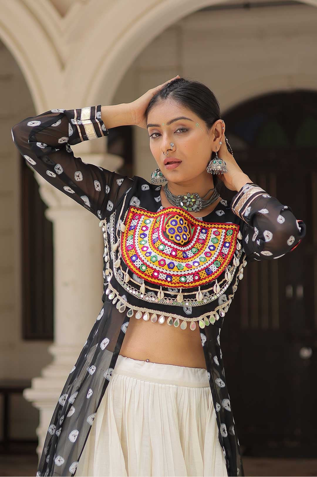 Cotton Handwork Mirror Bandhani Kurti With Lehenga for Navratri Celebrations