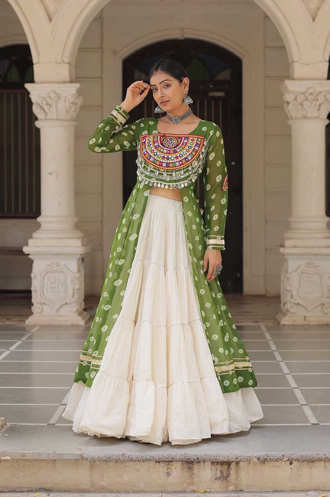 Cotton Handwork Mirror Bandhani Kurti With Lehenga for Navratri Celebrations