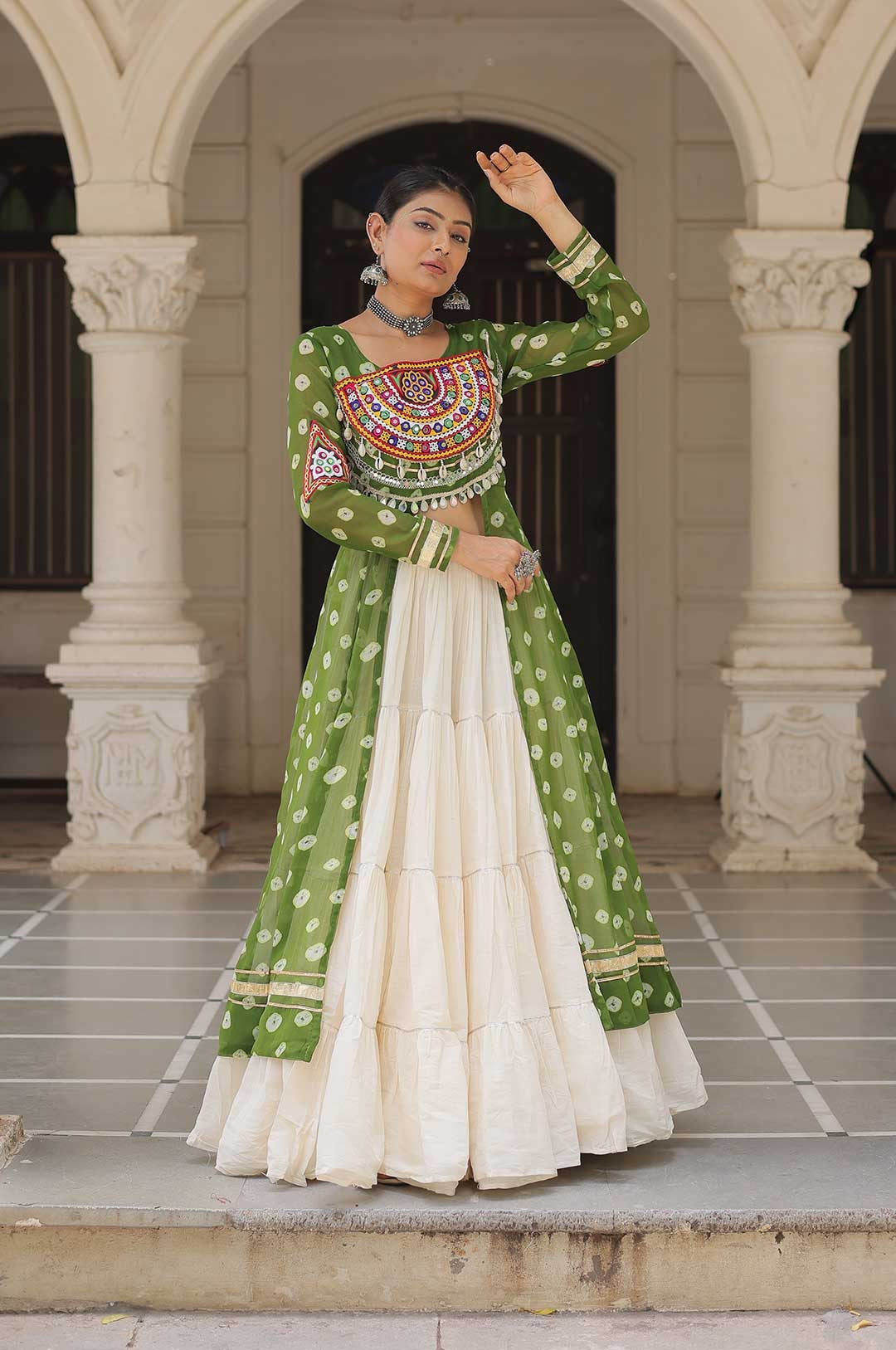 Cotton Handwork Mirror Bandhani Kurti With Lehenga for Navratri Celebrations