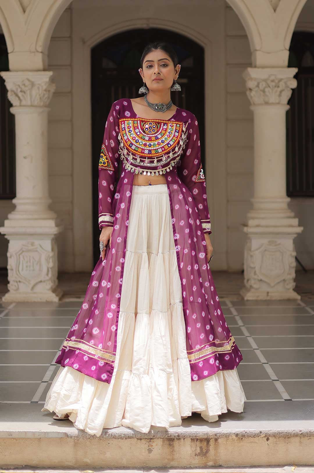 Cotton Handwork Mirror Bandhani Kurti With Lehenga for Navratri Celebrations