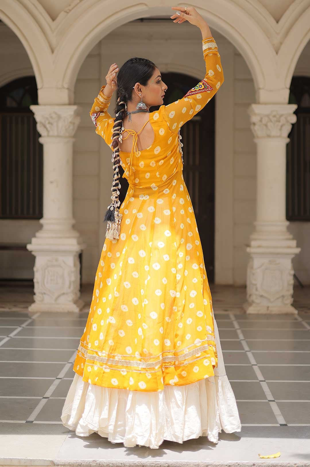 Cotton Handwork Mirror Bandhani Kurti With Lehenga for Navratri Celebrations