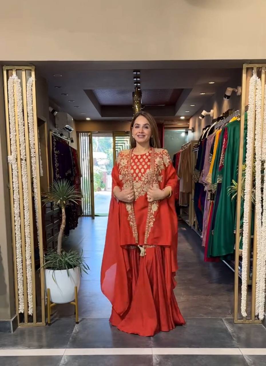 Vruti Mustard & Crimson Draped Sharara Sets with Zari Cape Embroidery Set