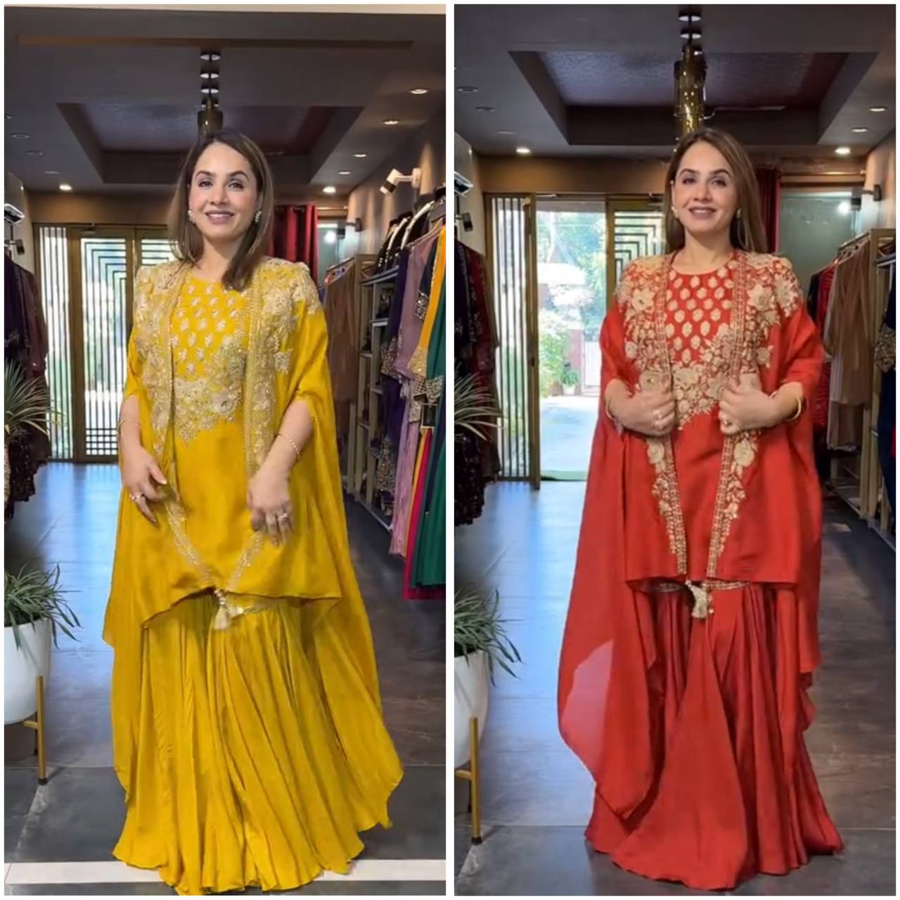 Vruti Mustard & Crimson Draped Sharara Sets with Zari Cape Embroidery Set