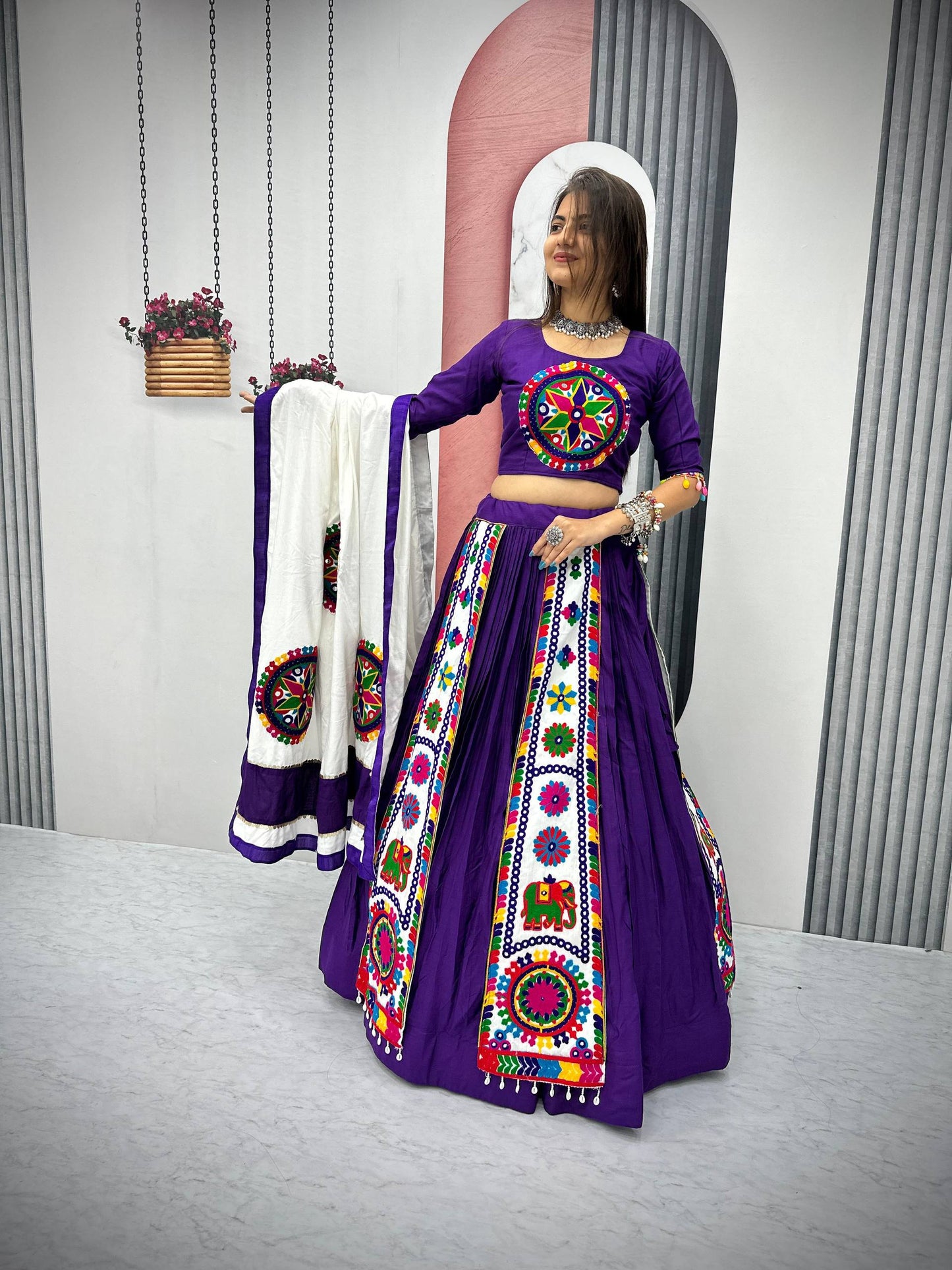 Vibrant Gujarati Embroidery Lehenga with White Dupatta