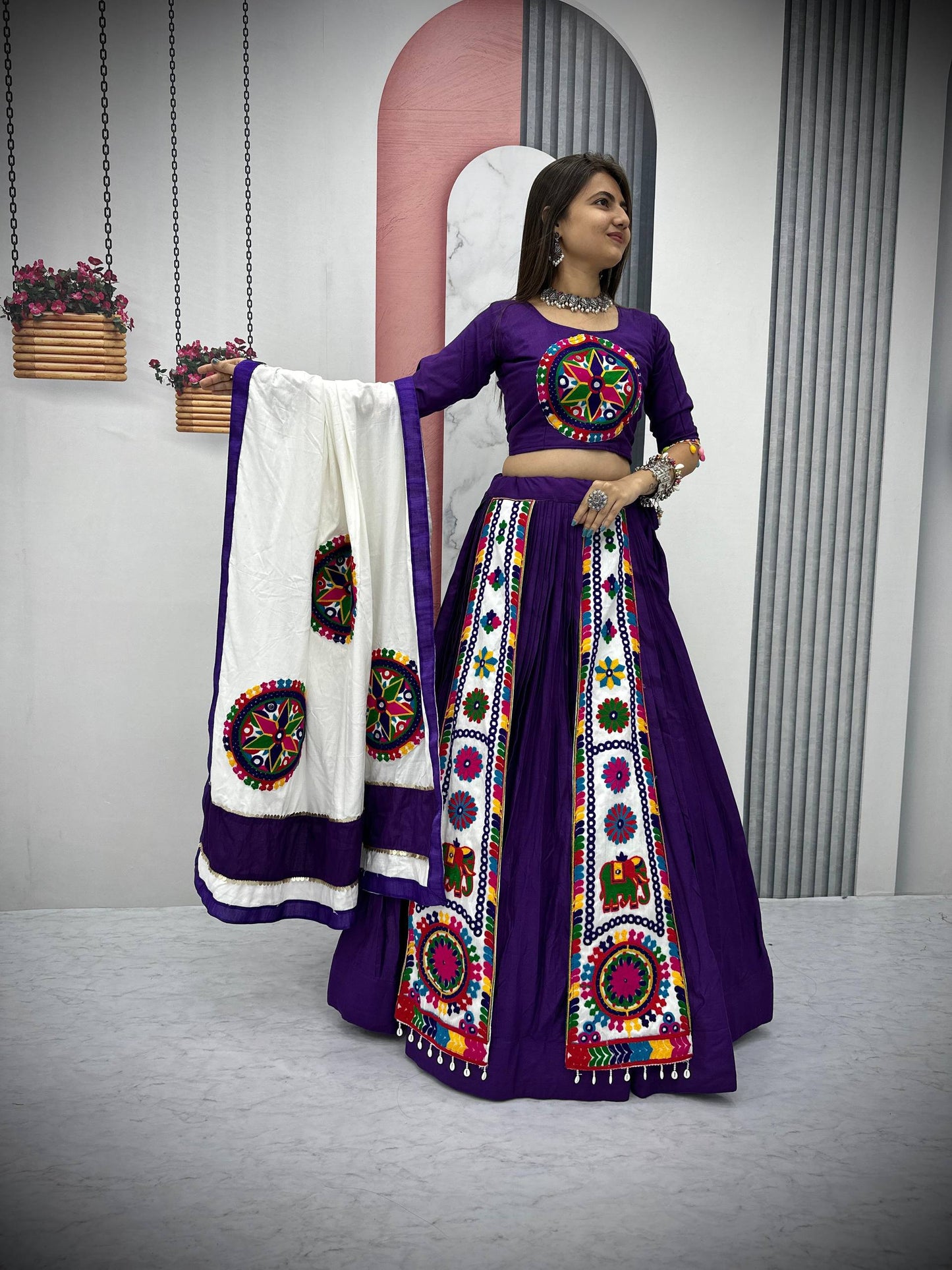 Vibrant Gujarati Embroidery Lehenga with White Dupatta