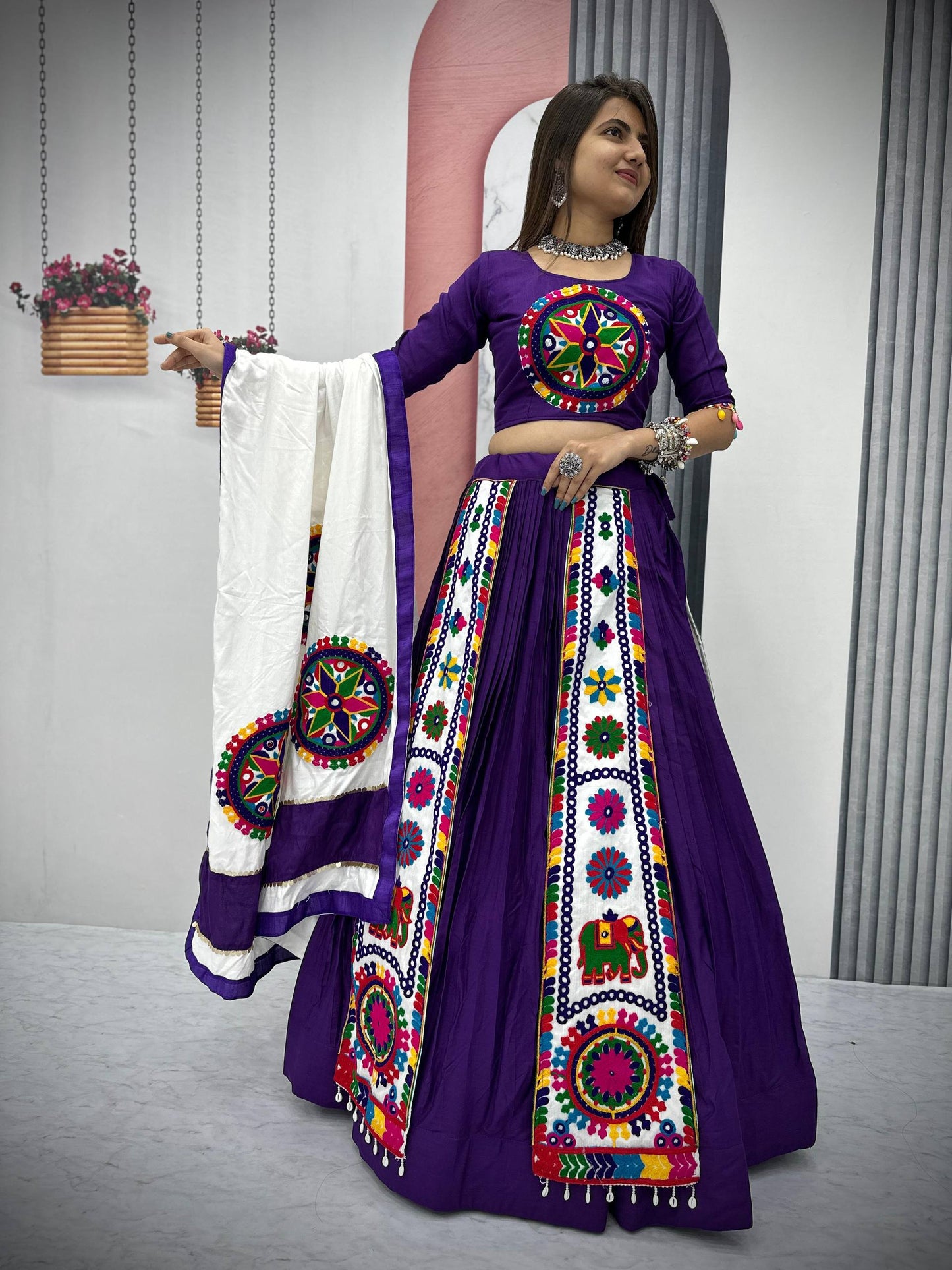Vibrant Gujarati Embroidery Lehenga with White Dupatta