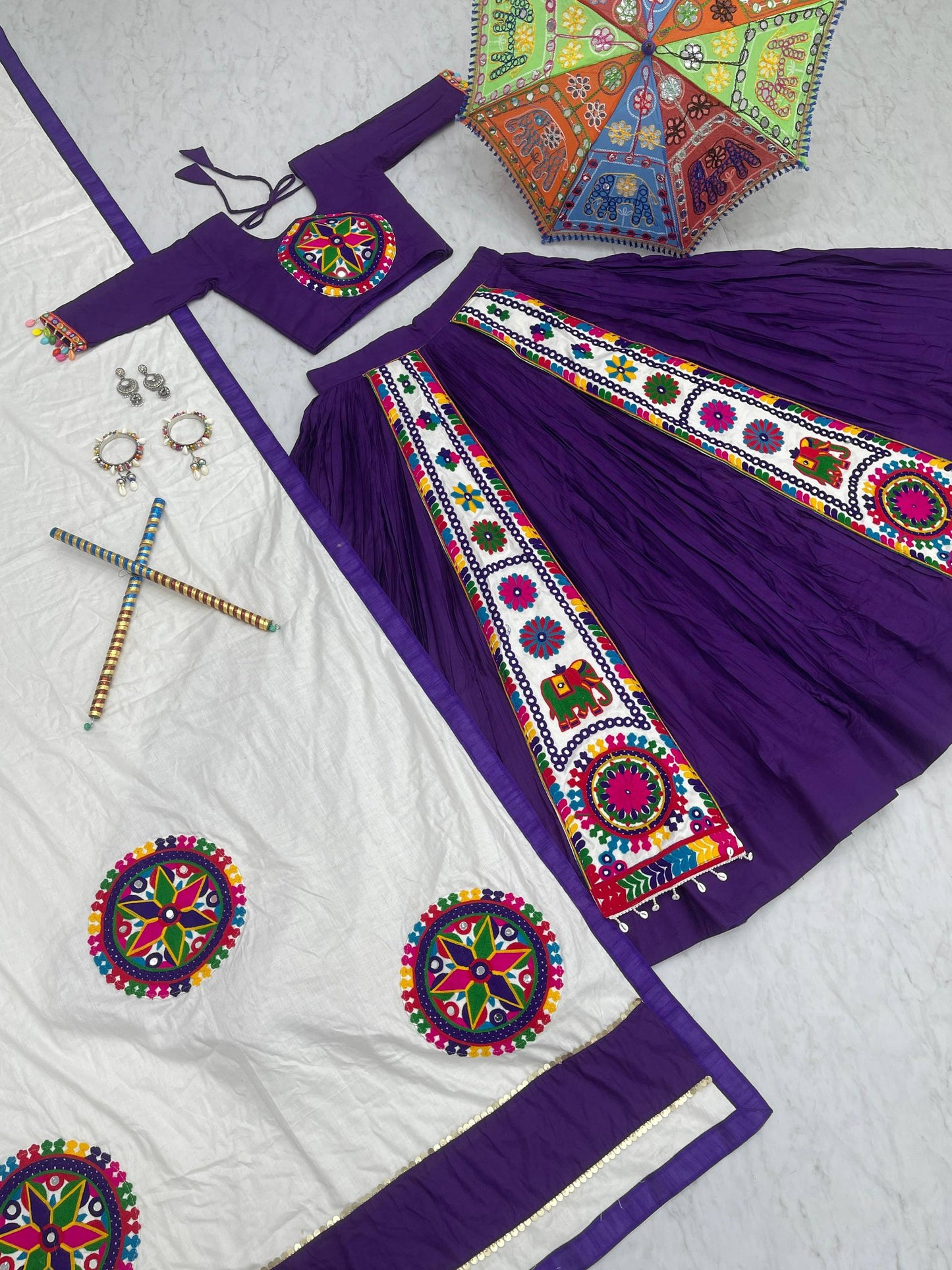 Vibrant Gujarati Embroidery Lehenga with White Dupatta