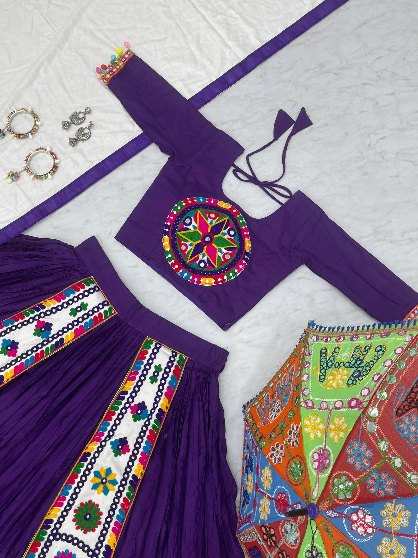 Vibrant Gujarati Embroidery Lehenga with White Dupatta
