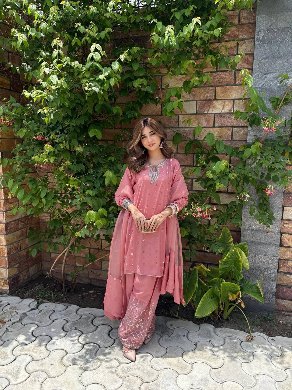 Aaria Blush Pink Chinnon Silk And Multi Needle Farshi salwar