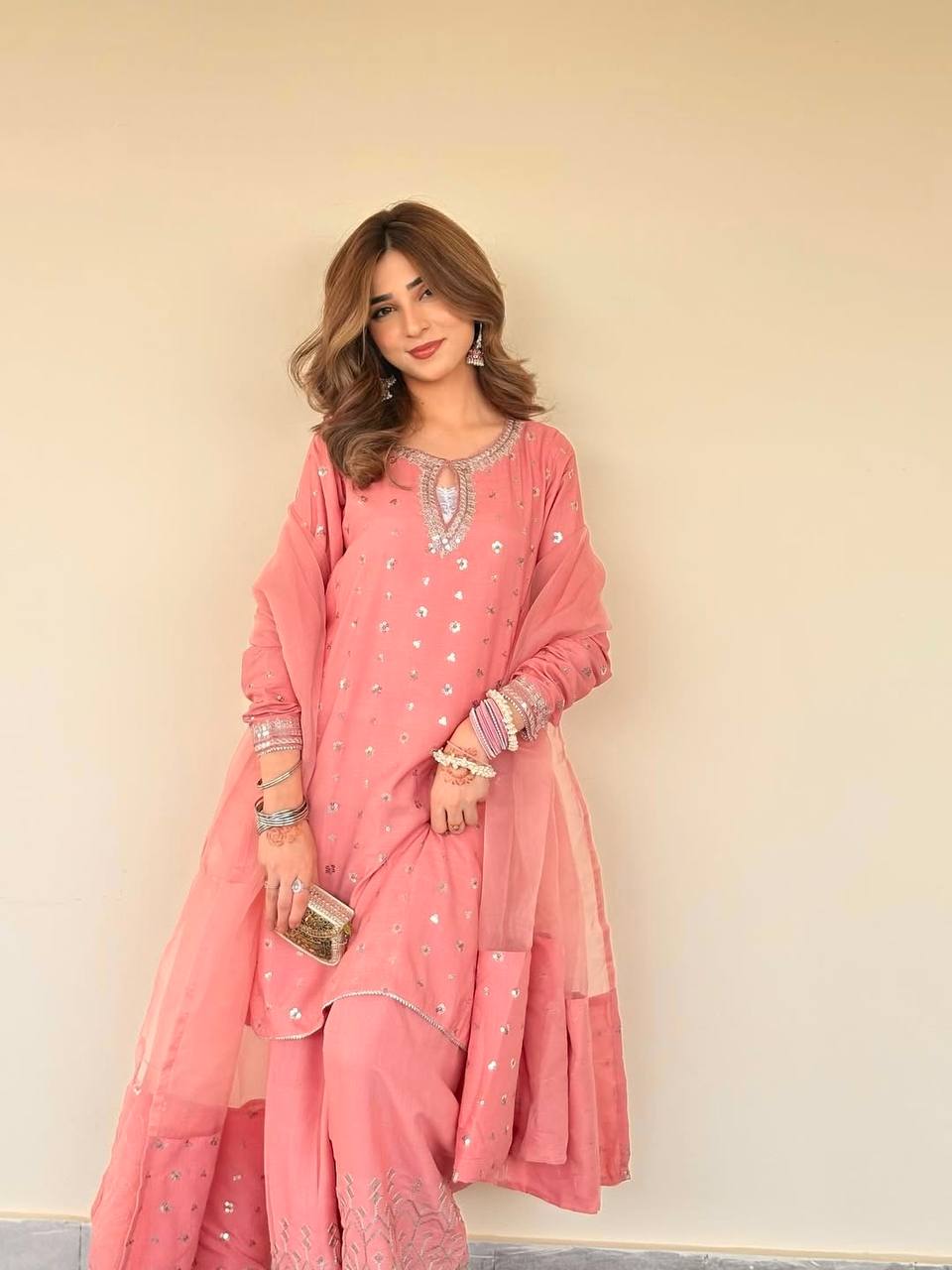 Aaria Blush Pink Chinnon Silk And Multi Needle Farshi salwar