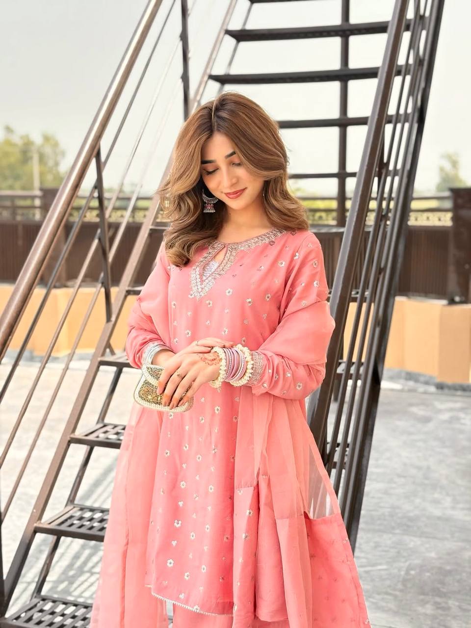 Aaria Blush Pink Chinnon Silk And Multi Needle Farshi salwar