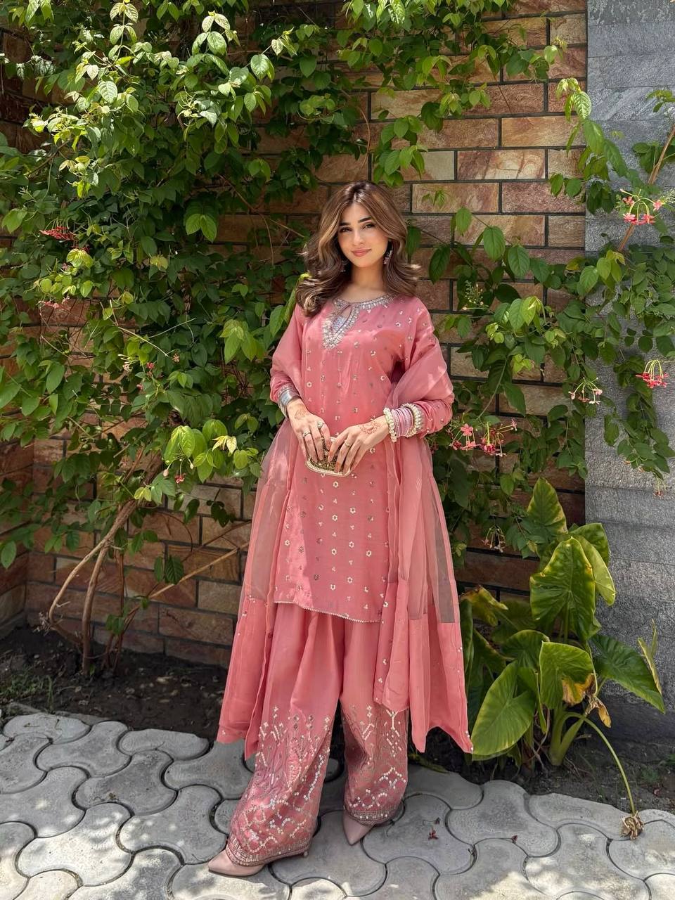 Aaria Blush Pink Chinnon Silk And Multi Needle Farshi salwar