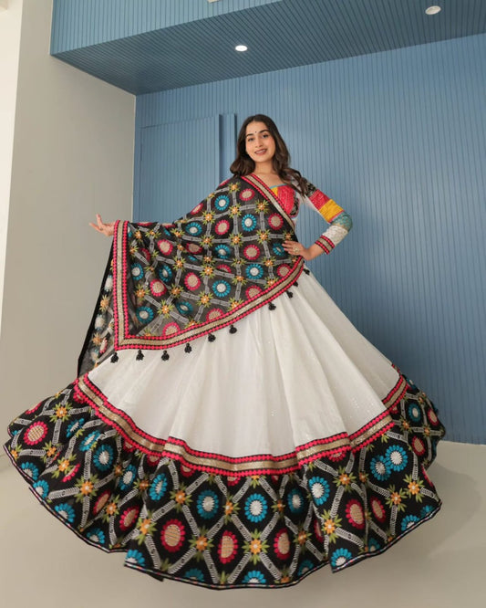 Folk Swirl Couture Heavy Flare White Navratri Lehenga