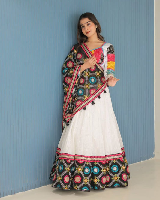 Folk Swirl Couture Heavy Flare White Navratri Lehenga