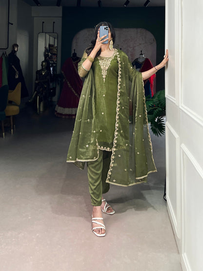 Royal Olive Sheer Charm Ethnic Wear Suit Set