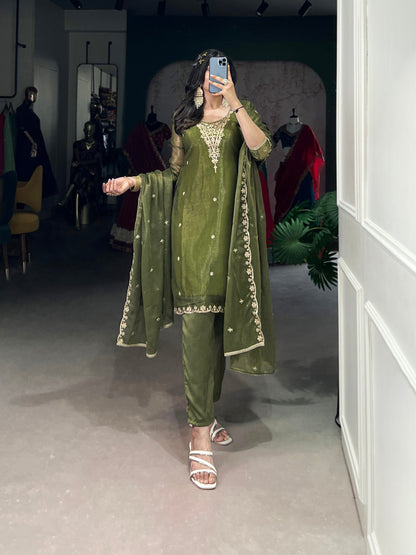 Royal Olive Sheer Charm Ethnic Wear Suit Set