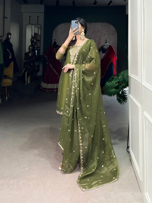 Royal Olive Sheer Charm Ethnic Wear Suit Set