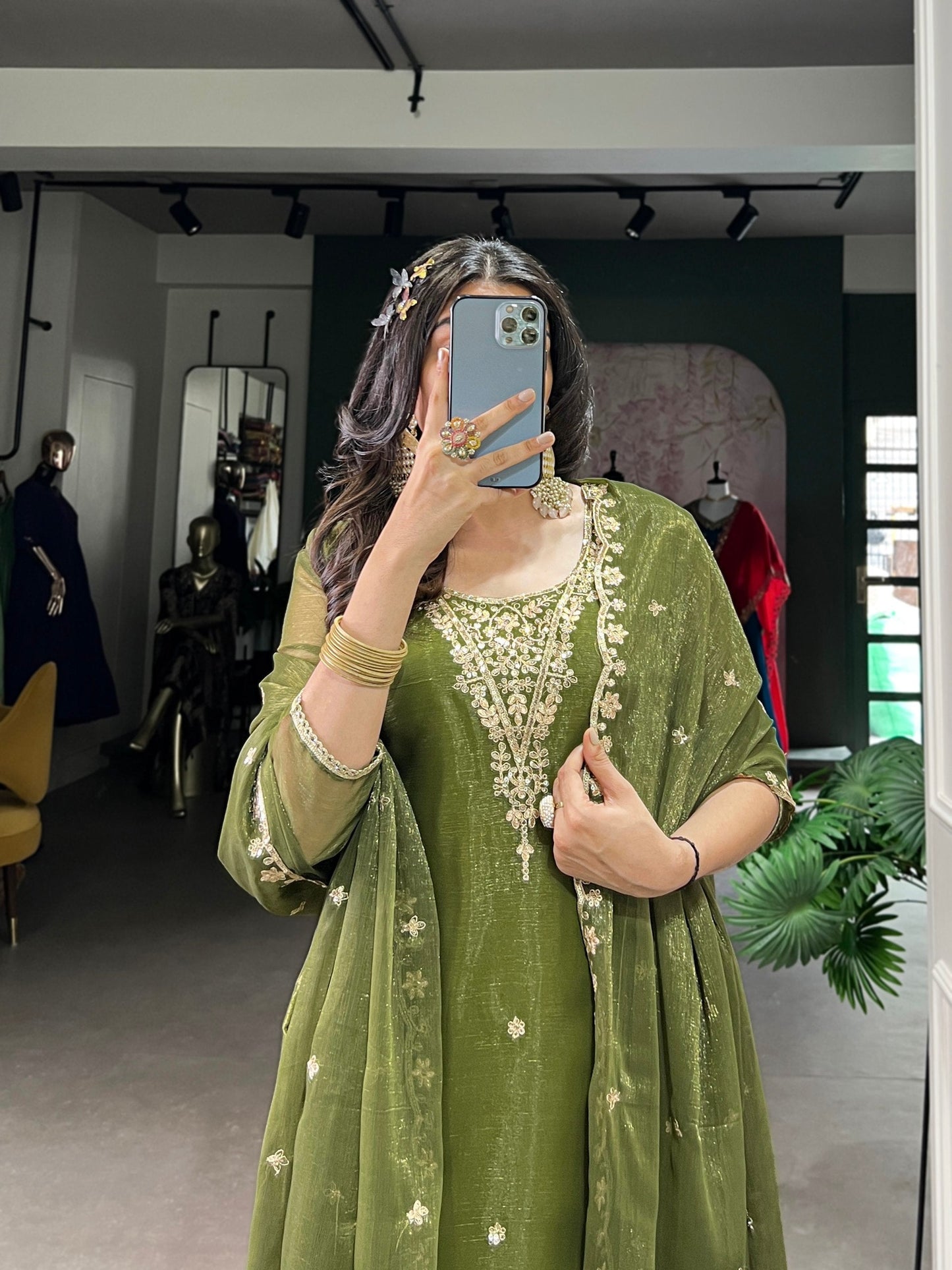 Royal Olive Sheer Charm Ethnic Wear Suit Set