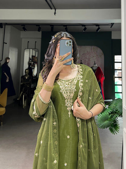 Royal Olive Sheer Charm Ethnic Wear Suit Set